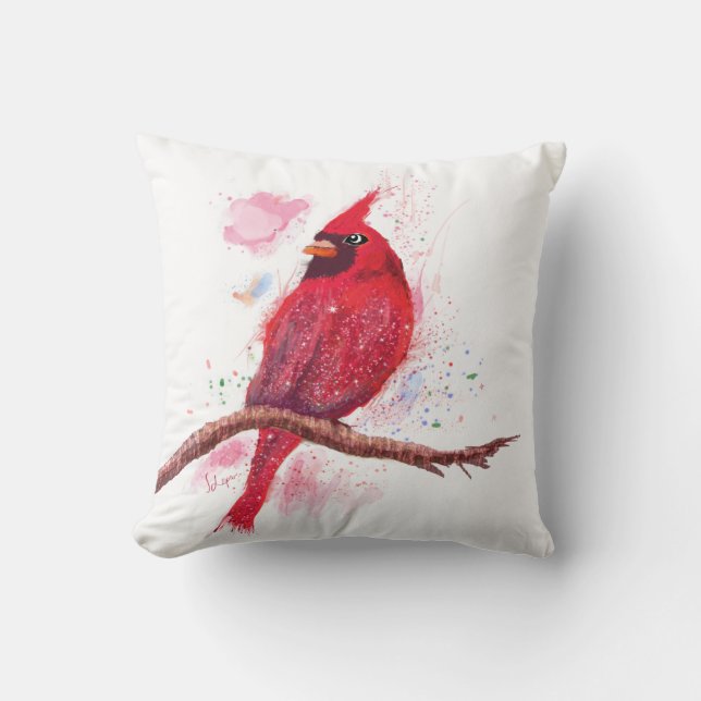 Almofada Belo Pássaro Vermelho Brilhante (Frente)