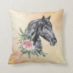 Almofada Belo Retrato de Cabeça de Cavalo Negro Aquarela