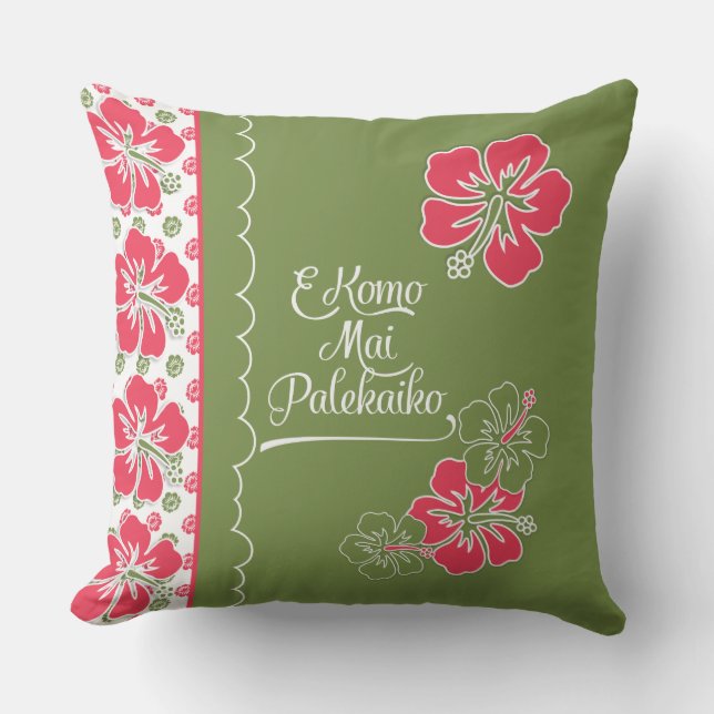 Almofada Bem-vindo ao Paraíso Rosa Quente Hibiscus Havaiano (Frente)