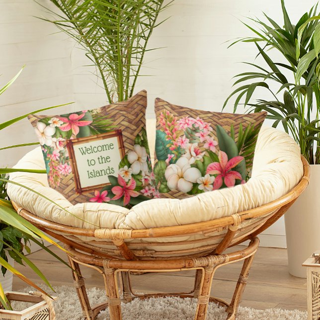 Almofada Bem-vindo às Ilhas Tropicais Personalizadas (Personalize the message on this dreamy tropical island pillow with your own message. )
