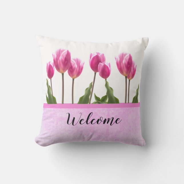Almofada Bem-vindo Tulipa Rosa da Primavera  (Frente)