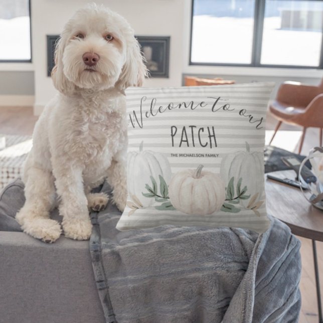 Almofada Bem-vindos às nossas Stripes de Patch e Pumpkins F (Criador carregado)