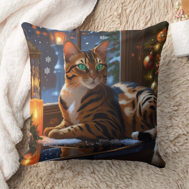 Almofada Bengal Cat With Christmas Lights Holiday (Cobertor)