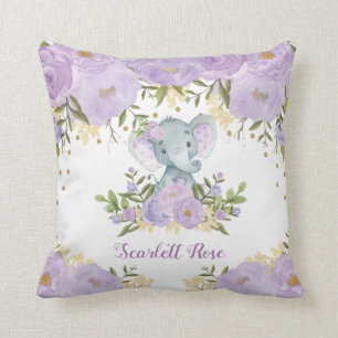 Almofada Berçário floral roxo da menina do elefante bonit