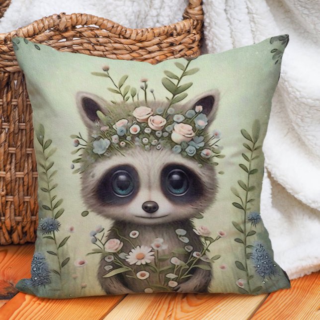 Almofada Berçário Florestal de Bebê Fofo (Cute baby raccoon woodland nursery pillow)