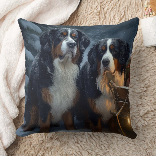 Almofada Bernese Mountain Snowy Sleigh Decência de Natal (Cobertor)