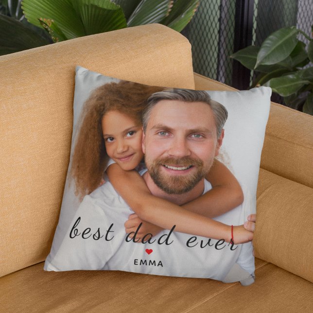 Almofada Best Dad Ever Cute Red Heart Customs Photo & Text (Criador carregado)