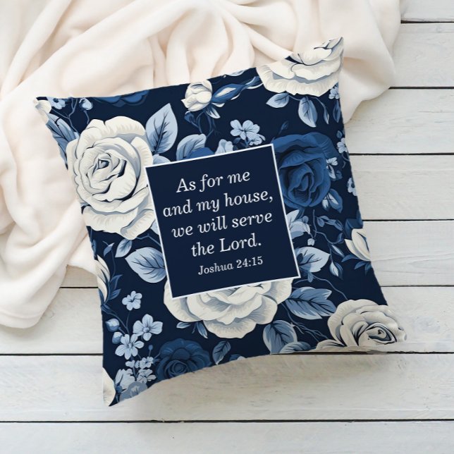 Almofada Bíblia Cristã Floral Branco Azul Verso (Navy blue white floral Christian Bible verse decorator pillow)