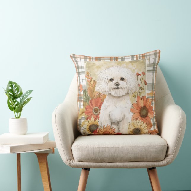 Almofada Bichon Frise Cachorra Cachorro Aquarela Flores (Cadeira)