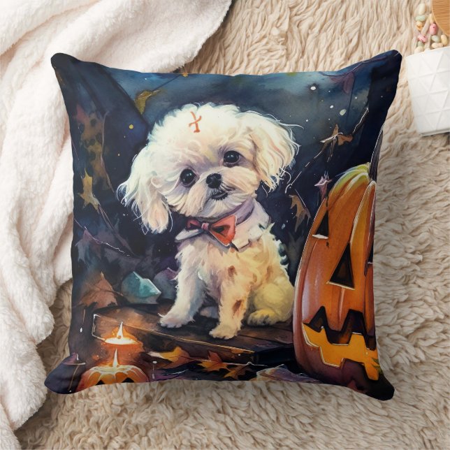 Almofada Bichon Frise de Halloween com Abóboras Assustador  (Cobertor)
