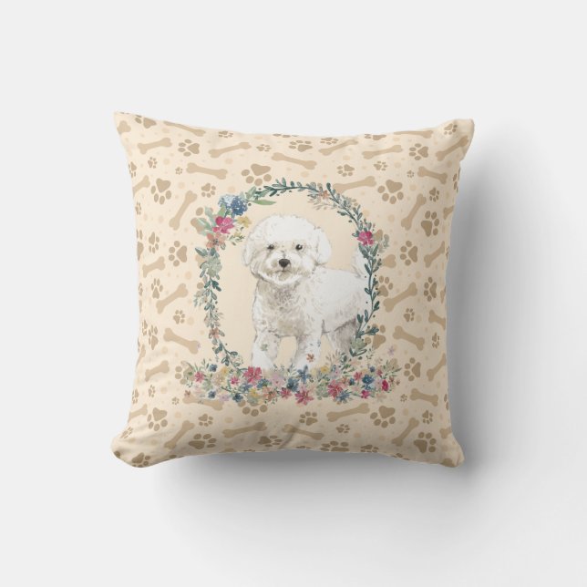 Almofada Bichon Frise Dog Paw Print & Floral Cute (Frente)