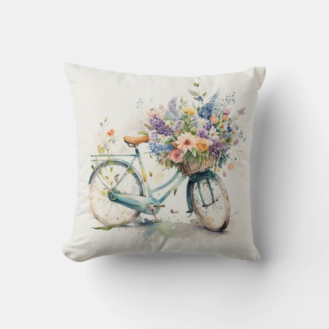 Almofada Bicicleta de Aquarela com Flower Basket (Frente)