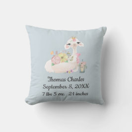 Almofada Birth Stats Blue White Llama Baby Boy Gift