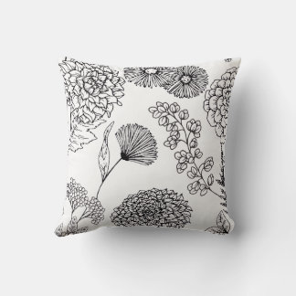 Almofada Black and White Hand-Drawn Floral SketThrow Pillow