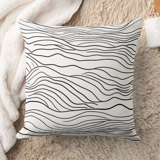 Almofada Black and White Hand-Drawn Wavy Line Pattern (Cobertor)