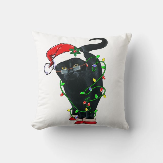 Almofada Black Cat Santa Tangled Up In Christmas Lights (Frente)