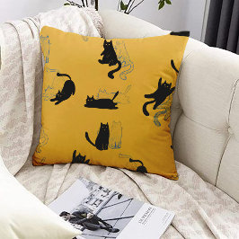 Almofada Black Cats on Mustard with Blue Outlines– Modern 