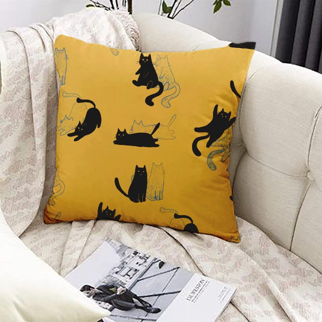 Almofada Black Cats on Mustard with Blue Outlines– Modern  (Criador carregado)
