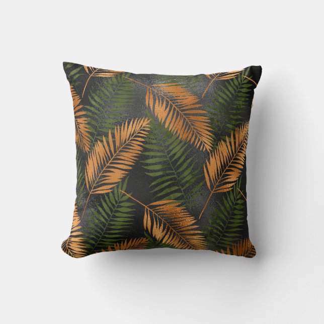 Almofada Black Copper Brown Palm Tree Leaf Glam Tropical (Frente)