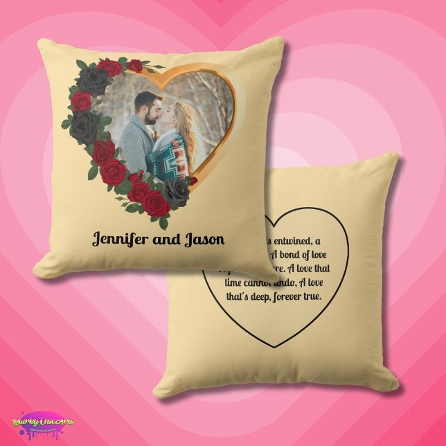 Almofada Black & Gold Roses, Gold Heart Photo Frame (Criador carregado)