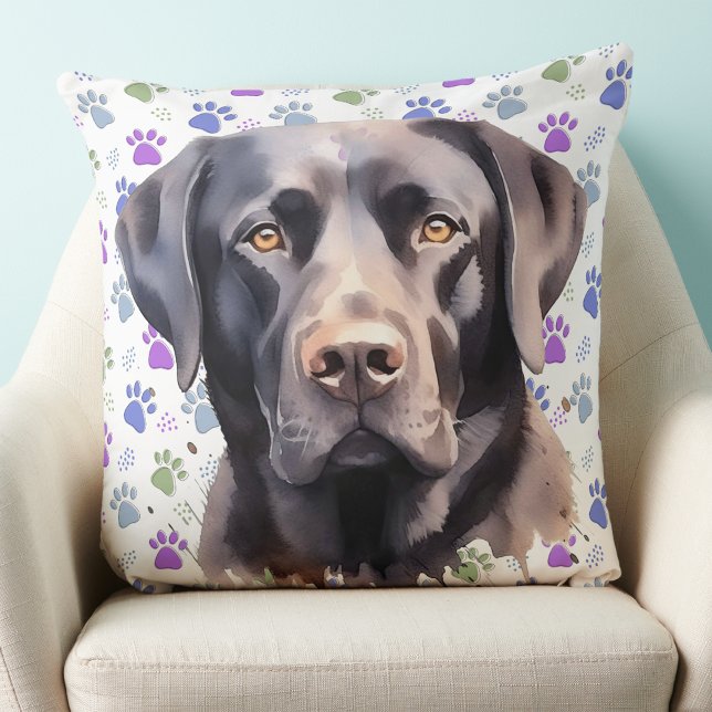 Almofada Black Labrador Retriever Dog Colorful Paw Prints (Criador carregado)