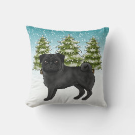 Almofada Black Pug Cute Cartoon Dog Snowy Winter Forest