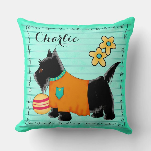 Almofada Black Scottie Dog Name Personalizado Teal Green (Frente)