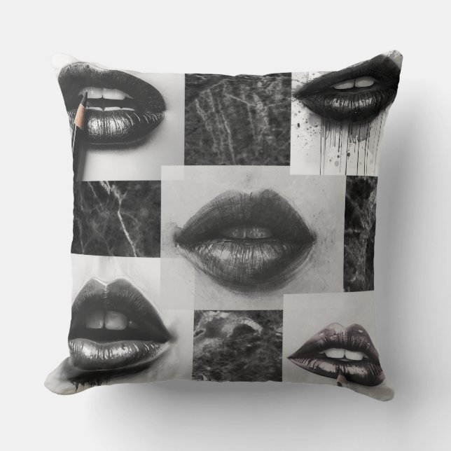 Almofada Black & White Lips Collage Throw Pillow (Frente)