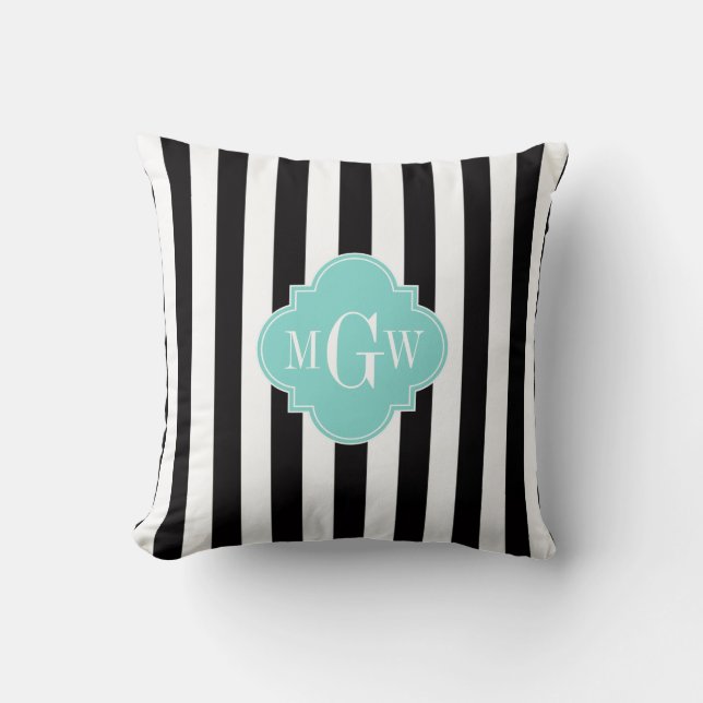 Almofada Black White Strike Turquoise Quatrefoil 3 Monogram (Frente)