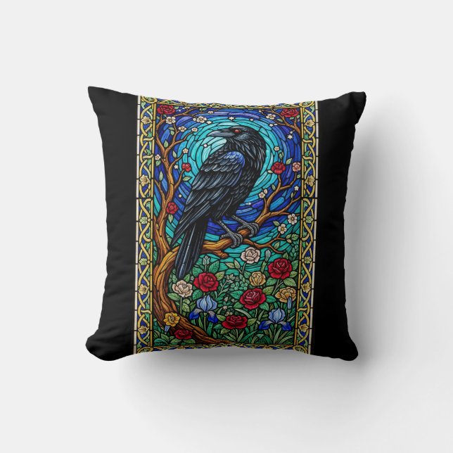 Almofada Blackbird Staind Glass Corvid Raven (Frente)
