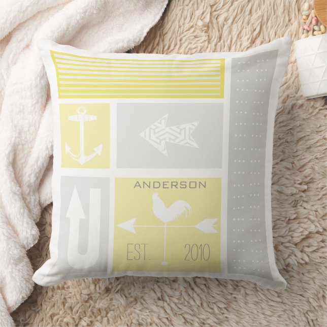 Almofada Bloco de Cor Cinza Amarelo Náutico Personalizado (Cobertor)