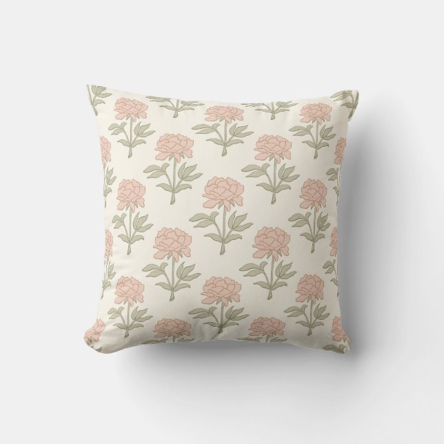 Almofada Bloco de Impressão Floral de Peônia Rosa Suave Vin (Frente)