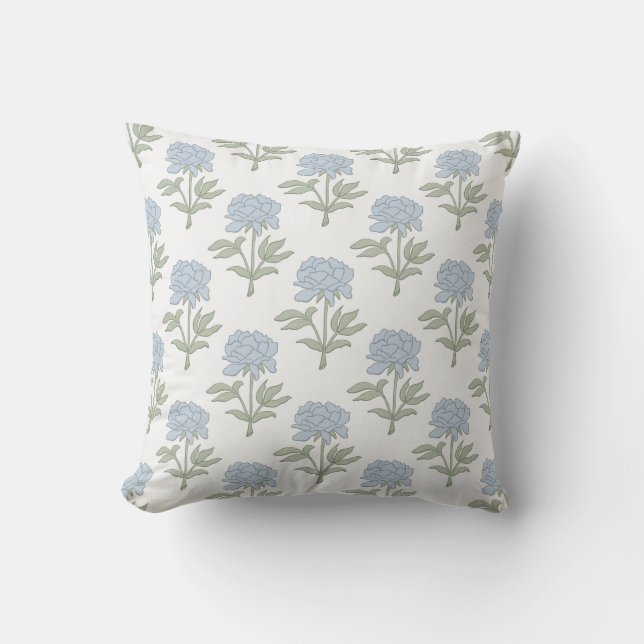 Almofada Bloco de Impressão Floral Peônia Branco Azul Verde (Frente)