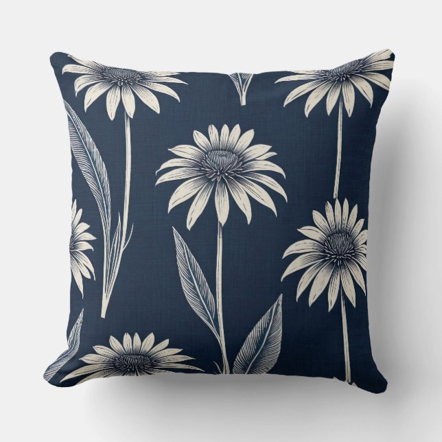 Almofada Bloquear Coneflower impressão azul e branco (Frente)