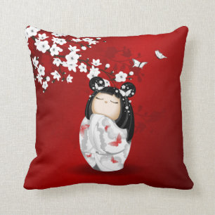 Almofada Blossomas de Cereja Branca Vermelha Negra Kokeshi
