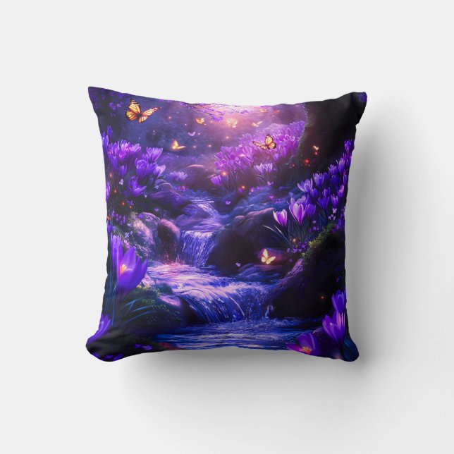Almofada Blossomas em cascata da Lavanda da meia-noite (Frente)