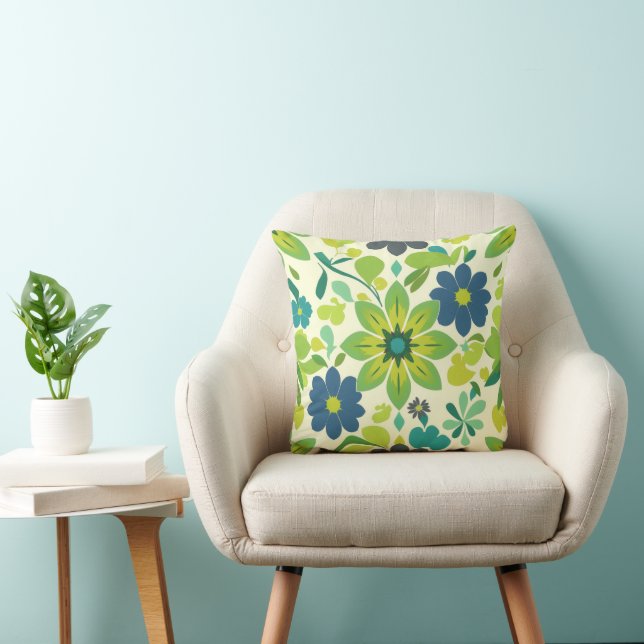 Almofada Blue and Green Floral Square Throw Pillow (Cadeira)