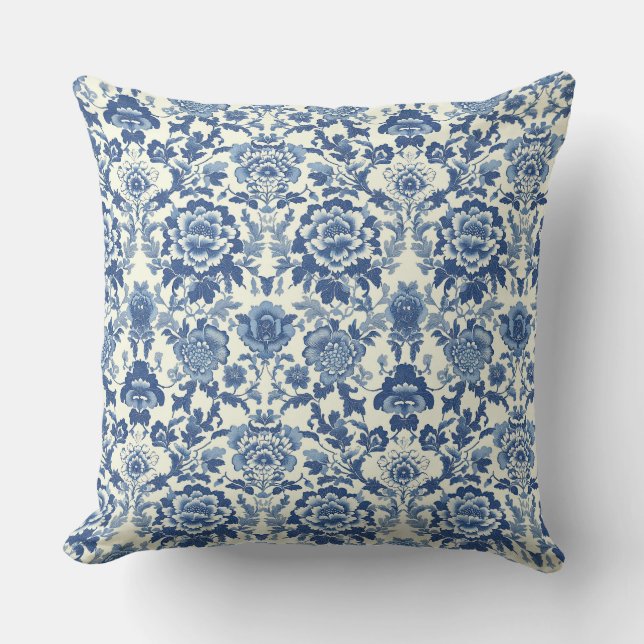 Almofada Blue and White Chinoiserie Peony Floral Pattern (Frente)