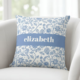 Almofada Blue and White Floral Botanical Custom Name Modern