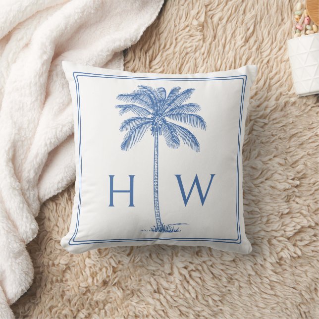Almofada Blue and White Palm Palmetto Tree Monogram (Cobertor)