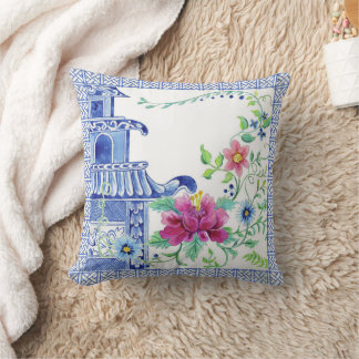 Almofada Blue Asian Influence Chinoiserie Floral Pagoda