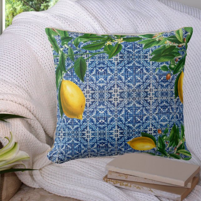 Almofada Blue Azulejo Mediterranean Lemons Chic Modern (Criador carregado)