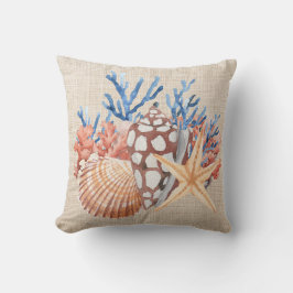 Almofada Blue Beige Seashells Starfish Coral Coastal Beach