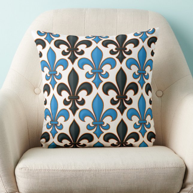 Almofada Blue Black Baroque Fleur-de-lis Pattern Design  (Criador carregado)