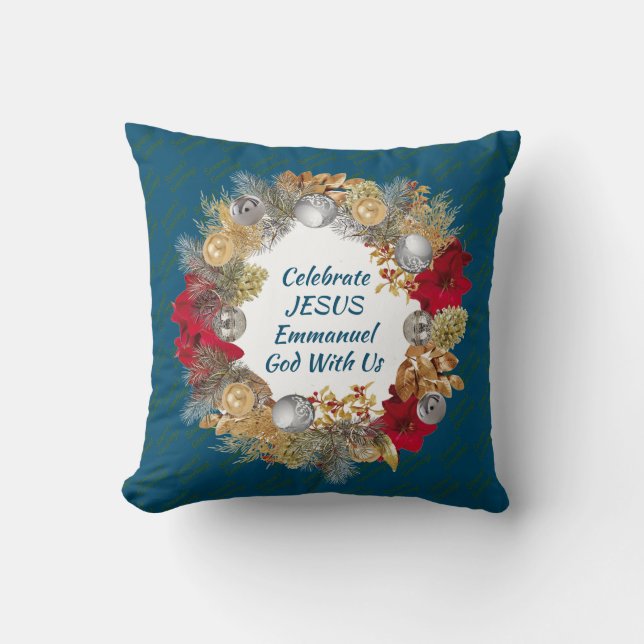 Almofada Blue CELEBRATE JESUS Wreath de Natal (Frente)