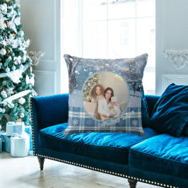 Almofada Blue Cozy Plaid Snowy Winter Photo Christmas