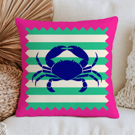 Almofada Blue Crab Design on Green Stripes Fuchsia Pink