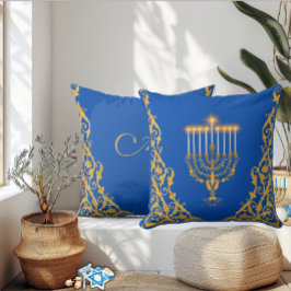 Almofada Blue Elegant Monogram Hanukkah Golden Menorah