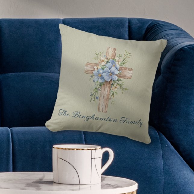 Almofada Blue Floral Cross Personalizado (Watercolor Blue Floral Cross Personalized Throw Pillow
)