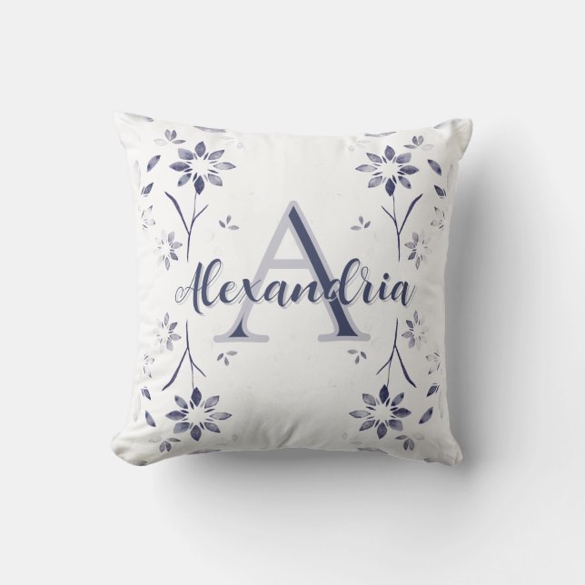 Almofada Blue Floral Personalized Monogram Name (Frente)